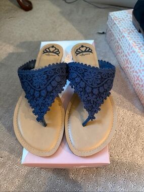 Fergie Navy Lace Thong Sandals with Tan Footbed